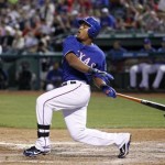 Texas Rangers Adrian Beltre fouls the ball off of his ankle in the sixth inning of their MLB American League baseball game against the Toronto Blue Jays in Arlington, Texas April 26, 2011. REUTERS/Mike Stone