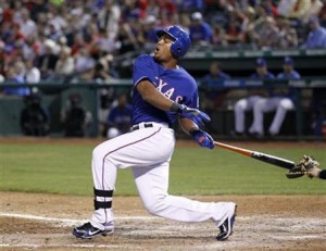 Texas Rangers Adrian Beltre fouls the ball off of his ankle in the sixth inning of their MLB American League baseball game against the Toronto Blue Jays in Arlington, Texas April 26, 2011. REUTERS/Mike Stone
