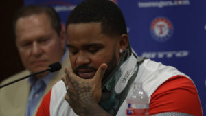 ARLINGTON, TX - AUGUST 10: Prince Fielder #84 of the Texas Rangers talks with the media after doctors recommended Fielder to end his baseball playing career on August 10, 2016 in Arlington, Texas. (Photo by Ronald Martinez/Getty Images)