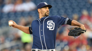 WASHINGTON, DC - AUGUST 26: Tyson Ross #38 of the San Diego Padres pitches in the first inning during a baseball game against the Washington Nationals at Nationals Park on August 26, 2015 in Washington, DC. (Photo by Mitchell Layton/Getty Images)